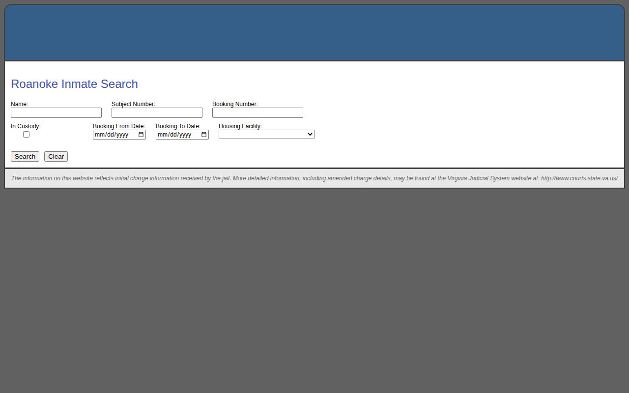 Roanoke County-Salem Jail official inmate booking record search form