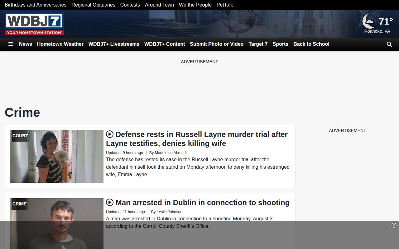WDBJ7 Crime section showing a rolling local crime-news layout