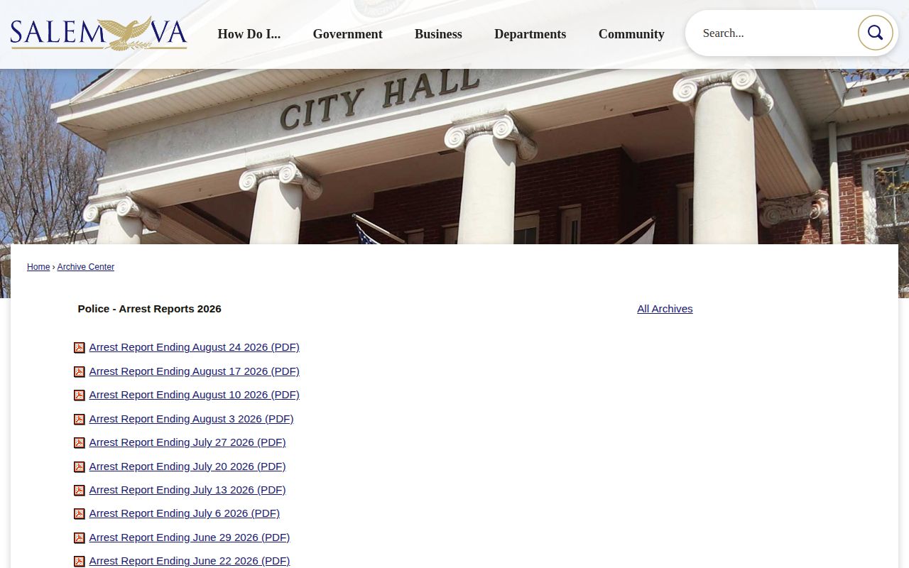 Roanoke County Salem weekly arrest-report archive record page